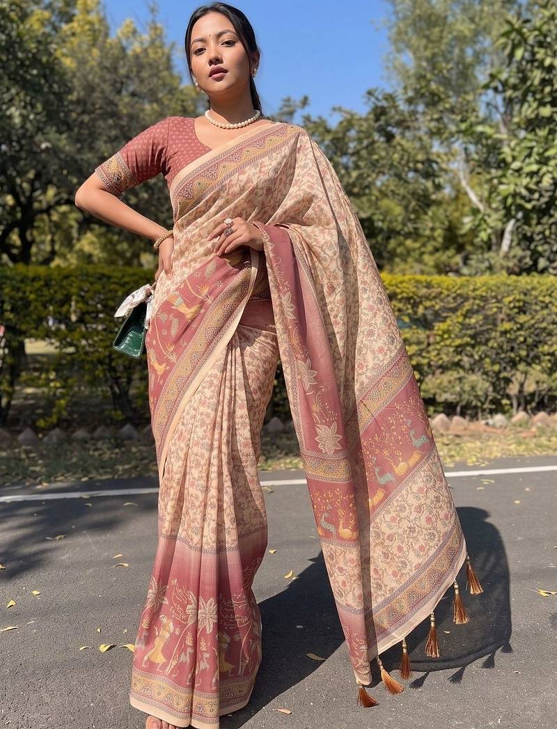 cream ethnic motifs printed pure cotton saree
