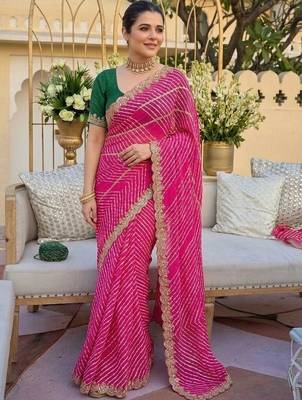 pink ethnic motifs gotta patti pure georgette heavy work leheriya saree 1