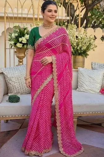 pink ethnic motifs gotta patti pure georgette heavy work leheriya saree