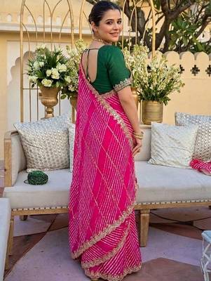 pink ethnic motifs gotta patti pure georgette heavy work leheriya saree 2