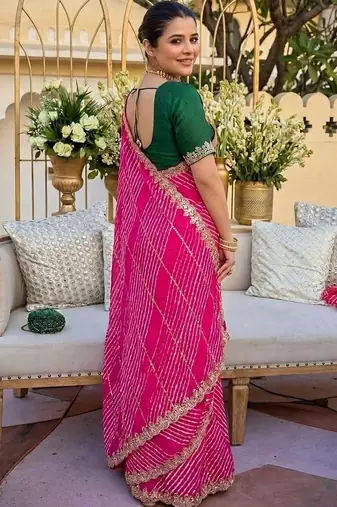 pink ethnic motifs gotta patti pure georgette heavy work leheriya saree
