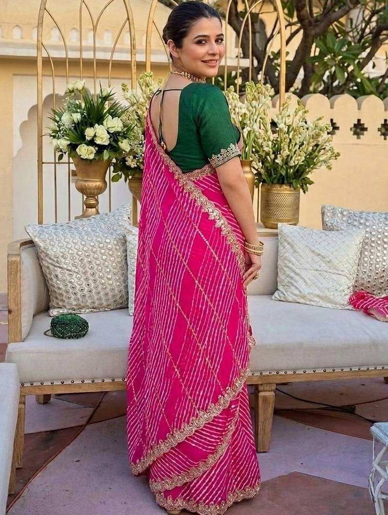 pink ethnic motifs gotta patti pure georgette heavy work leheriya saree