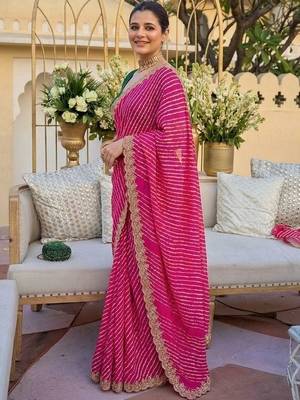 pink ethnic motifs gotta patti pure georgette heavy work leheriya saree 3