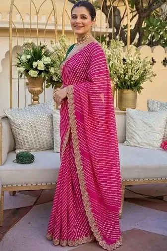 pink ethnic motifs gotta patti pure georgette heavy work leheriya saree