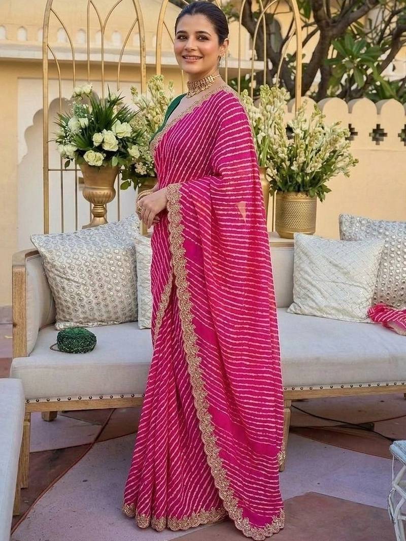 pink ethnic motifs gotta patti pure georgette heavy work leheriya saree