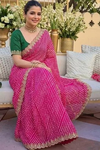 pink ethnic motifs gotta patti pure georgette heavy work leheriya saree