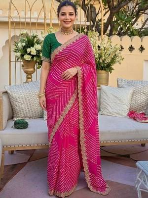 pink ethnic motifs gotta patti pure georgette heavy work leheriya saree 5