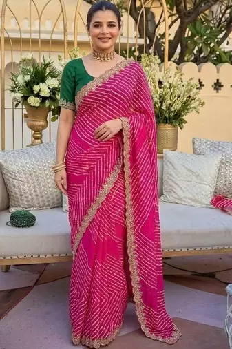 pink ethnic motifs gotta patti pure georgette heavy work leheriya saree