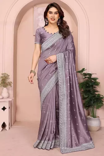 lavender ethnic motifs embroidered saree with blouse piece