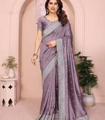 lavender ethnic motifs embroidered saree with blouse piece
