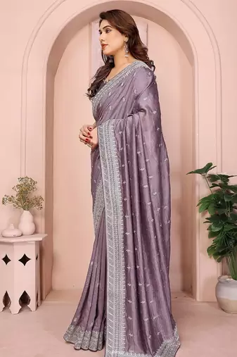 lavender ethnic motifs embroidered saree with blouse piece