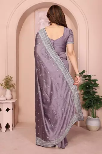 lavender ethnic motifs embroidered saree with blouse piece