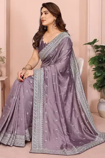 lavender ethnic motifs embroidered saree with blouse piece