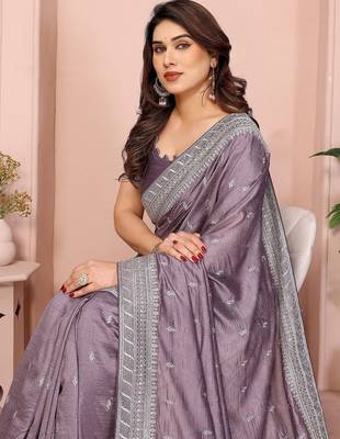 lavender ethnic motifs embroidered saree with blouse piece 5