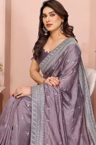 lavender ethnic motifs embroidered saree with blouse piece
