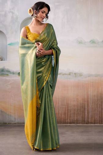Mustard blue floral printed mirror work saree