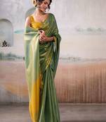 Mustard blue floral printed mirror work saree
