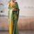 Mustard blue floral printed mirror work saree