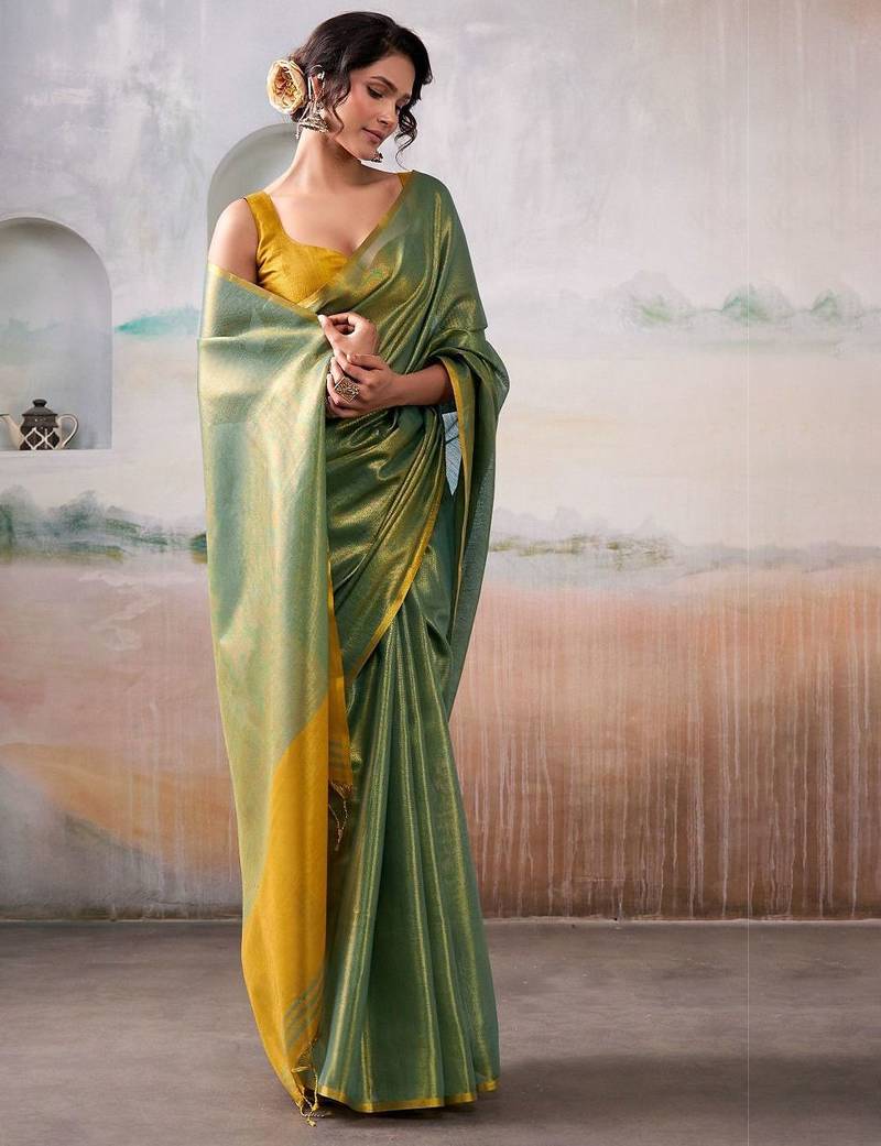Mustard blue floral printed mirror work saree