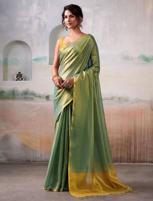 Mustard blue floral printed mirror work saree 2