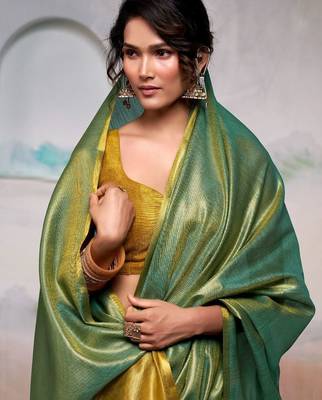 Mustard blue floral printed mirror work saree 3