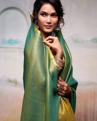 Mustard blue floral printed mirror work saree 4