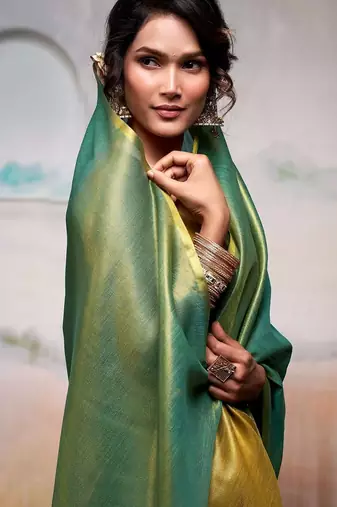 Mustard blue floral printed mirror work saree