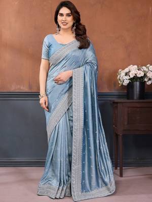 blue embellished embroidered silk blend heavy work saree 1