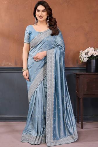 blue embellished embroidered silk blend heavy work saree