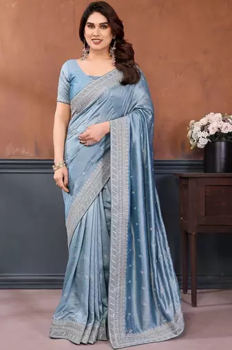 blue embellished embroidered silk blend heavy work saree