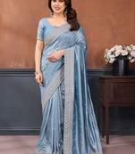 blue embellished embroidered silk blend heavy work saree