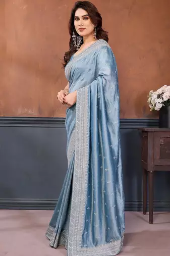 blue embellished embroidered silk blend heavy work saree