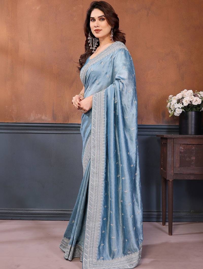 blue embellished embroidered silk blend heavy work saree