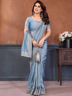 blue embellished embroidered silk blend heavy work saree 3