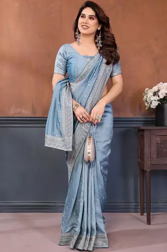 blue embellished embroidered silk blend heavy work saree