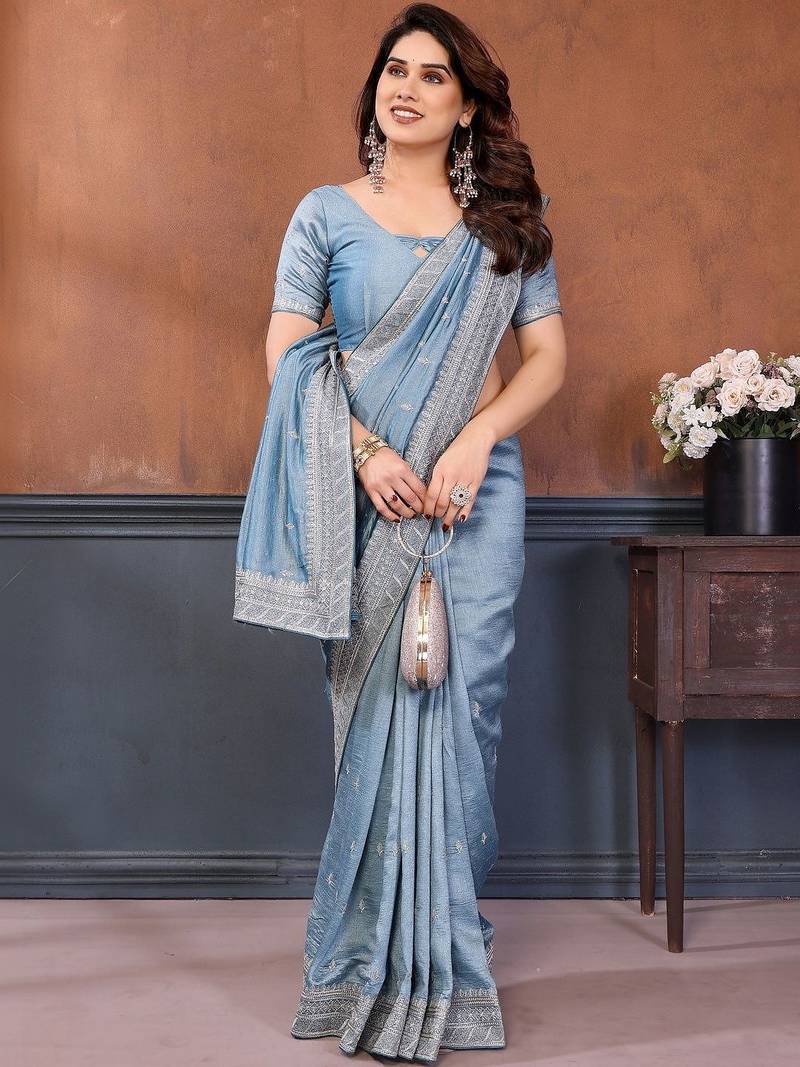 blue embellished embroidered silk blend heavy work saree