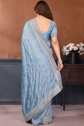 blue embellished embroidered silk blend heavy work saree