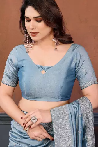 blue embellished embroidered silk blend heavy work saree