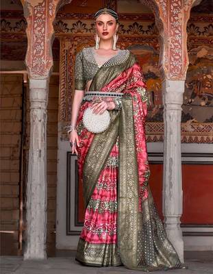 red red & green abstract printed zari patola saree 1