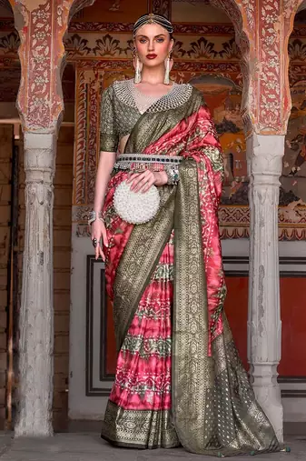 red red & green abstract printed zari patola saree