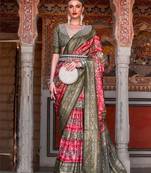 red red & green abstract printed zari patola saree