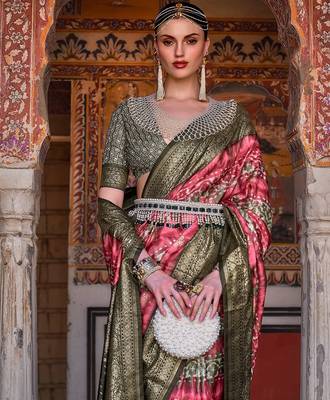 red red & green abstract printed zari patola saree 2