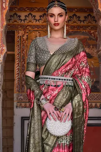 red red & green abstract printed zari patola saree