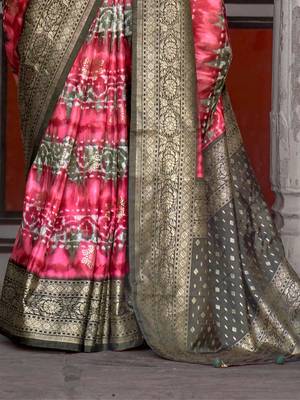 red red & green abstract printed zari patola saree 3