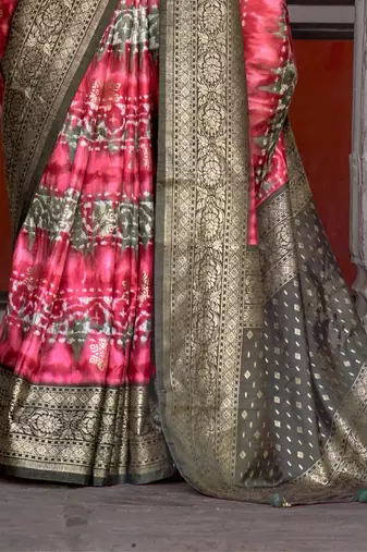 red red & green abstract printed zari patola saree