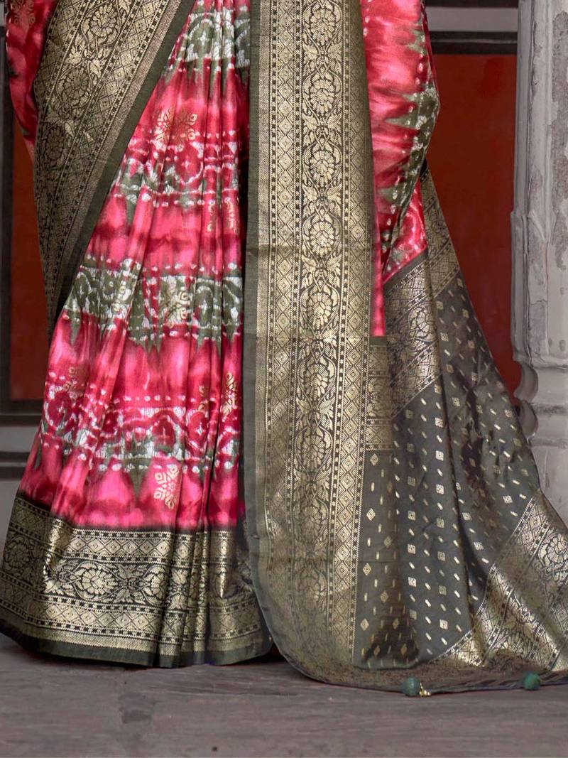 red red & green abstract printed zari patola saree