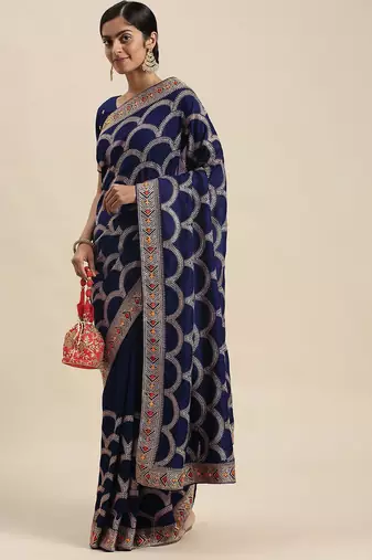 navy_blue navy blue vichitra embroidered silk blend saree