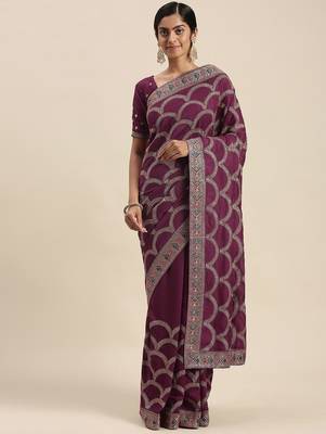 purple purple embroidered silk blend saree 1