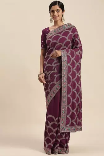 purple purple embroidered silk blend saree