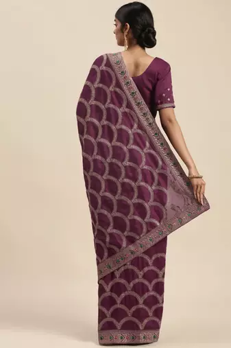 purple purple embroidered silk blend saree